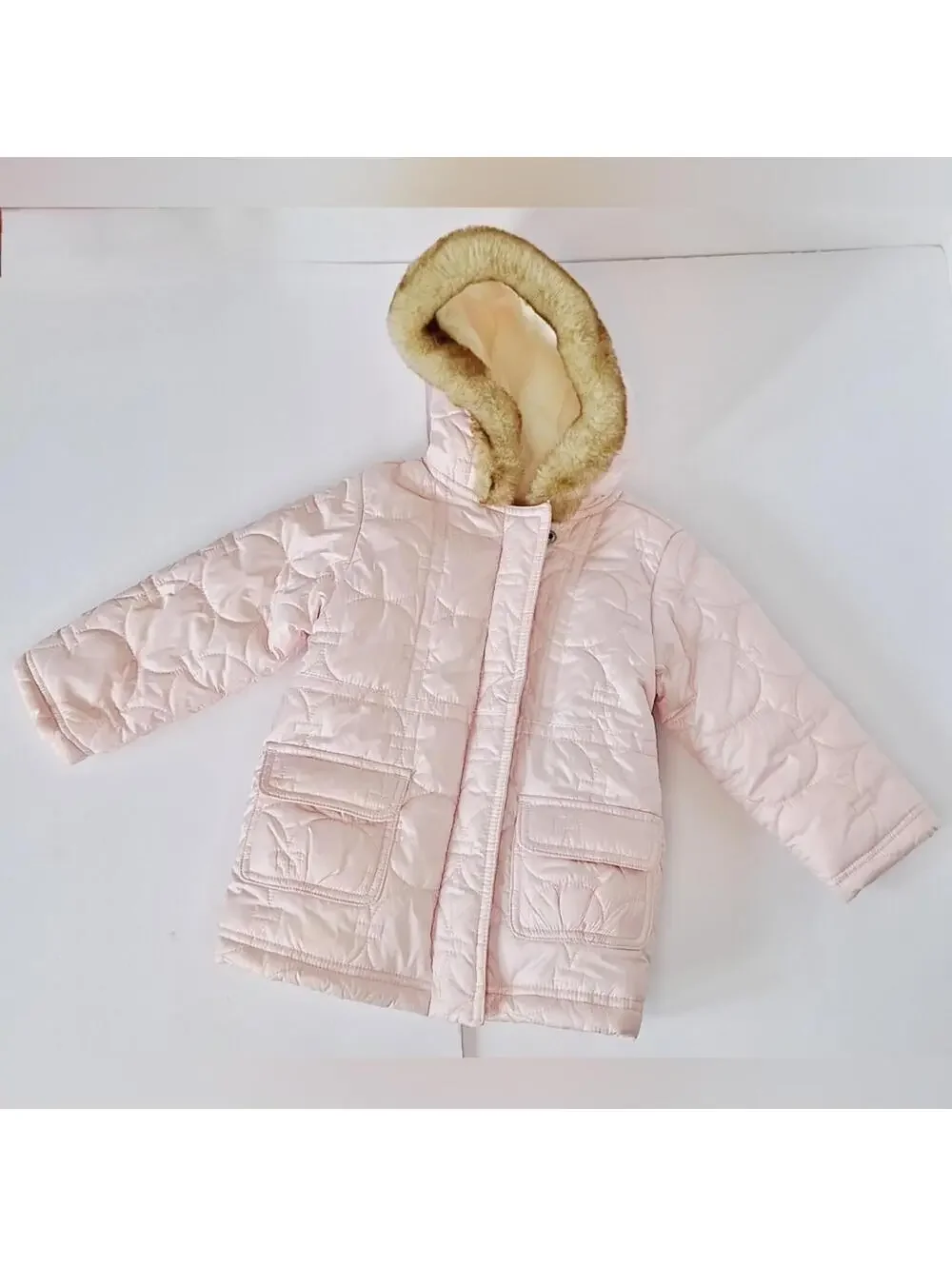 Old Navy Toddler Girls Pink Quilted Winter Puffer Jacket Faux Fur Hood 2T